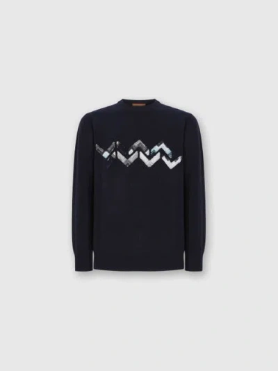Missoni Crew Neck Sweater With Zigzag Detail In Blue