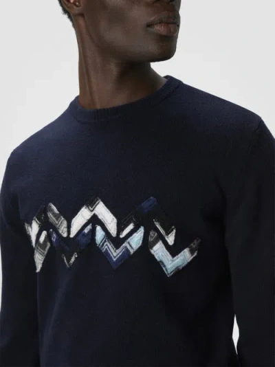Missoni Crew Neck Sweater With Zigzag Detail In Blue