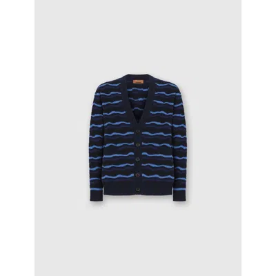 Missoni Cardigan In Pure Wool With Wave Stitch In Blue