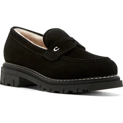 La Canadienne Donny Suede Platform Penny Loafers In Black