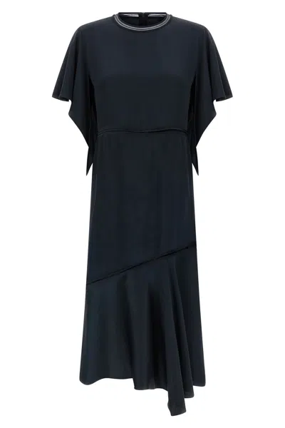 Fabiana Filippi Dress Ruffle Detail Asymmetrical Hem Round Neckline In Blue