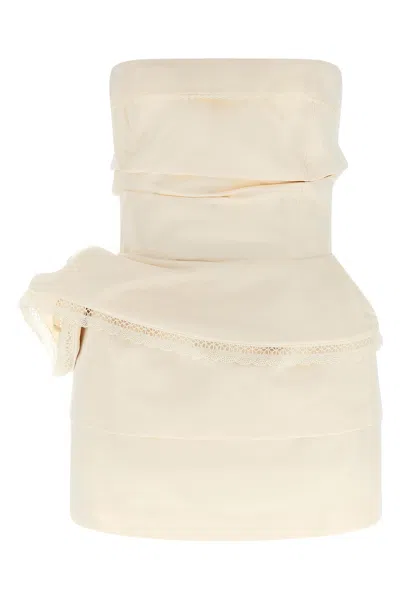 Magda Butrym Strapless Dress Re26 Draped Lace Detail In Neutral