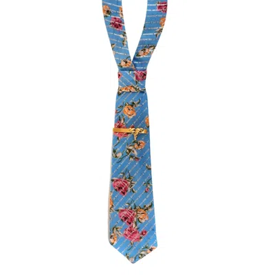 Nandanie Women's Blue Floral Printed Lurex Petite Necktie + Tie Bar In Blue