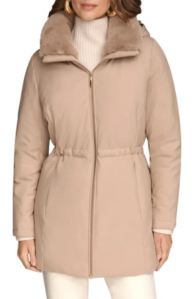 Donna Karan New York Lux Water Resistant Puffer Coat With Faux Fur Trim In Neutral