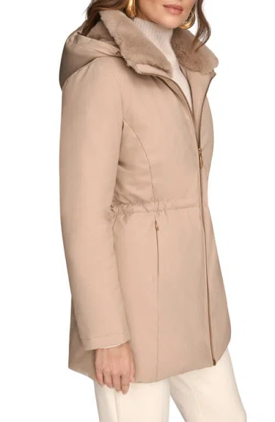 Donna Karan New York Lux Water Resistant Puffer Coat With Faux Fur Trim In Neutral
