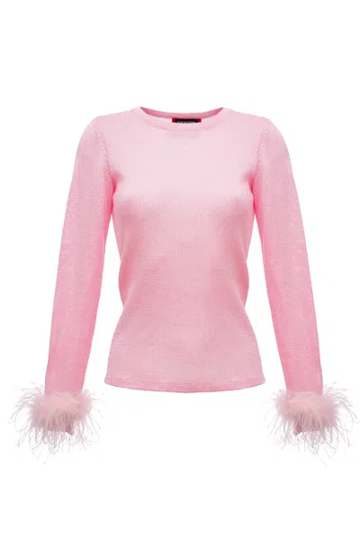 Andreeva Women's Pink Knit Top With Detachable Feather Cuffs In Pink