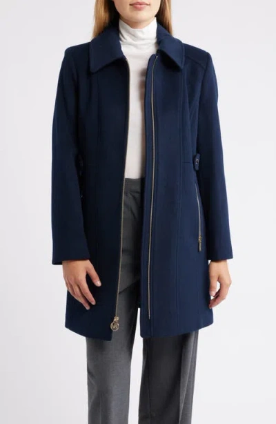 Michael Kors Front Zip Wool Blend Coat In Blue