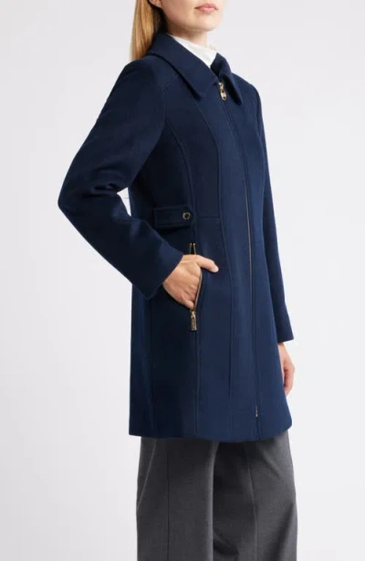 Michael Kors Front Zip Wool Blend Coat In Blue