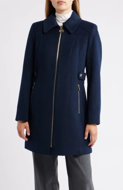 Michael Kors Front Zip Wool Blend Coat In Blue