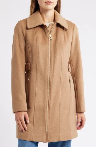 Michael Kors Front Zip Wool Blend Coat In Brown
