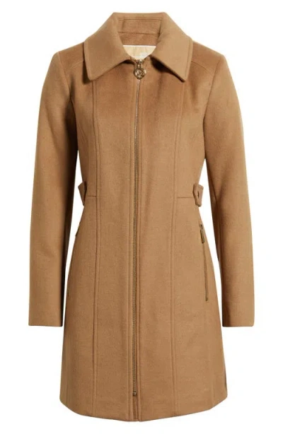 Michael Kors Front Zip Wool Blend Coat In Brown