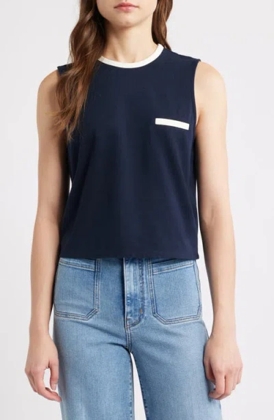 Frame The Tipped Piqué Pocket Tank In Blue