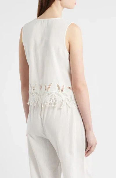 Rails Oregon Embroidered Eyelet Sleeveless Cotton & Linen Tie Front Top In White