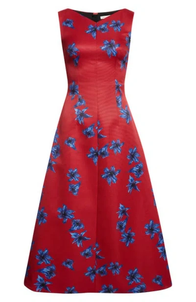 Emilia Wickstead Octavie Festive Lilies Faille Fit & Flare Midi Dress In Red