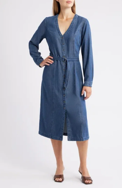 Cloth & Stone Long Sleeve Belted Denim Midi Dress In Blue