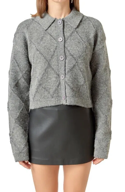 English Factory Argyle Metallic Collared Cardigan In Gray