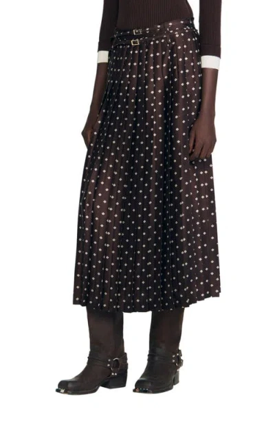 Sandro Pleated Patterned Midi Skirt In Black