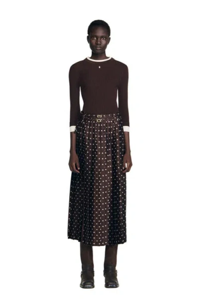 Sandro Pleated Patterned Midi Skirt In Black