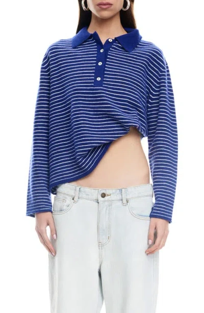 Lioness Stripe Long Sleeve Polo Sweater In Blue