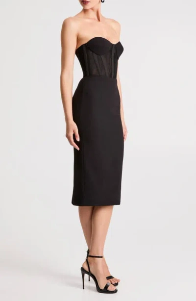Helsi Natalia Strapless Mesh & Crepe Cocktail Midi Dress In Black