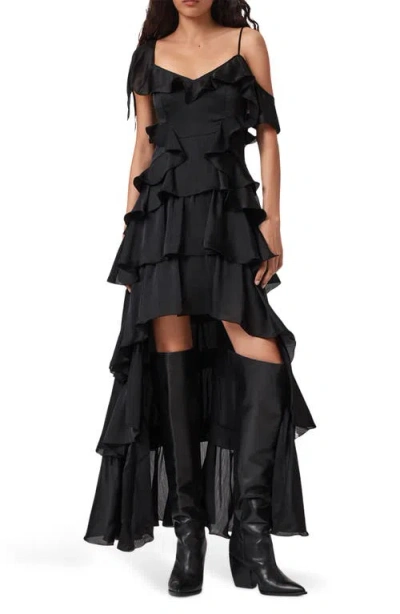 Allsaints Sienna Cold Shoulder Ruffle Tiered High-low Dress In Black