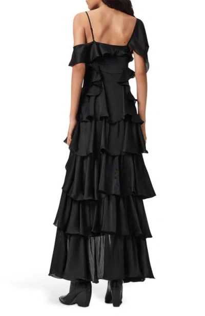 Allsaints Sienna Cold Shoulder Ruffle Tiered High-low Dress In Black