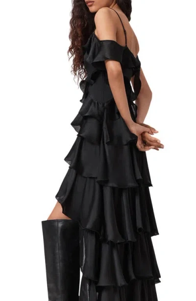 Allsaints Sienna Cold Shoulder Ruffle Tiered High-low Dress In Black