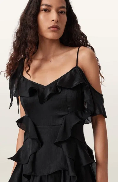 Allsaints Sienna Cold Shoulder Ruffle Tiered High-low Dress In Black