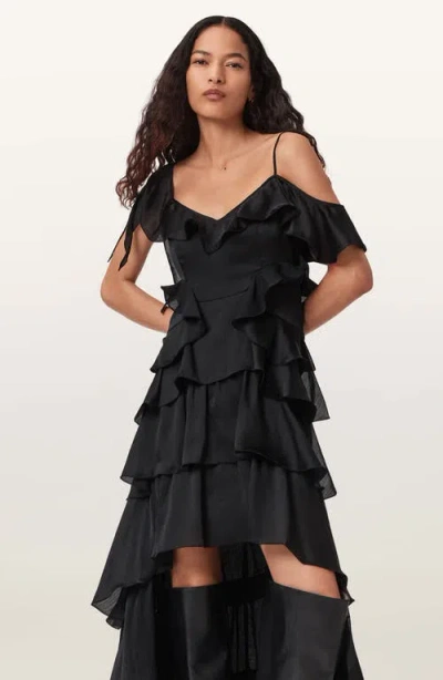 Allsaints Sienna Cold Shoulder Ruffle Tiered High-low Dress In Black