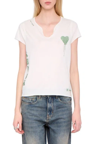Zadig & Voltaire Tunisien Strass Heart Embellished Keyhole Cotton Graphic T-shirt In White