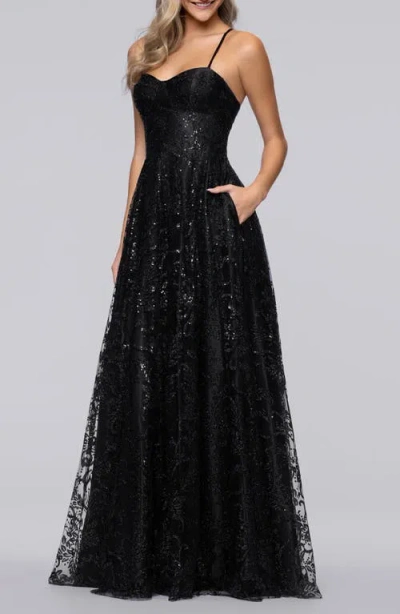 Blondie Nites Sequin & Mesh Gown In Black