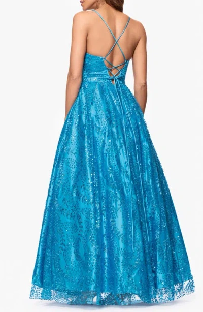 Blondie Nites Gllitter Dot & Leaf Ballgown In Blue