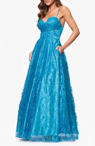 Blondie Nites Gllitter Dot & Leaf Ballgown In Blue