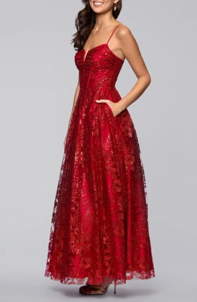 Blondie Nites Glitter Sequin Corset Gown In Red