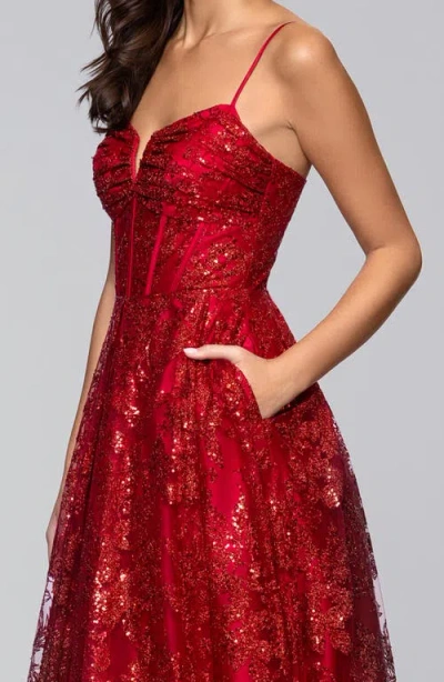 Blondie Nites Glitter Sequin Corset Gown In Red
