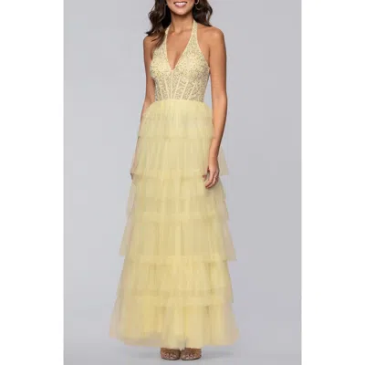 Blondie Nites Tiered Mesh Gown In Yellow