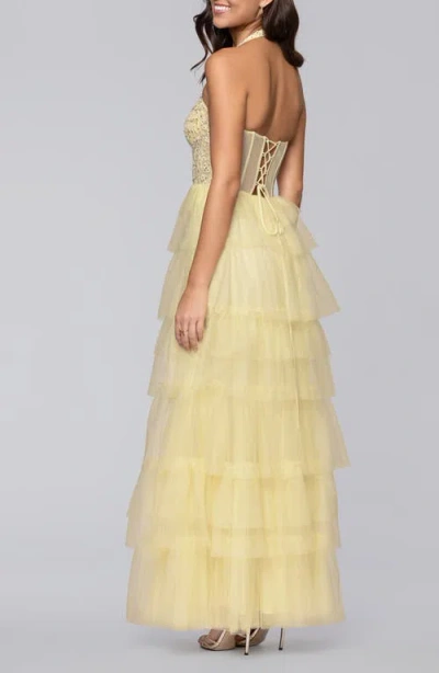Blondie Nites Tiered Mesh Gown In Yellow