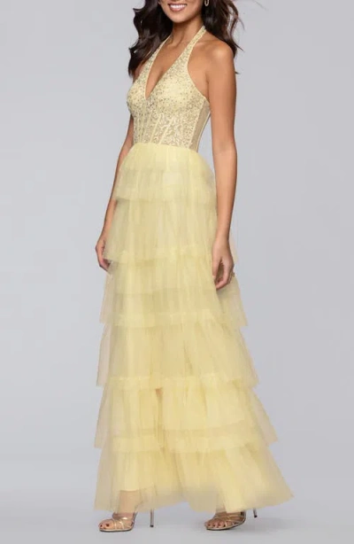 Blondie Nites Tiered Mesh Gown In Yellow