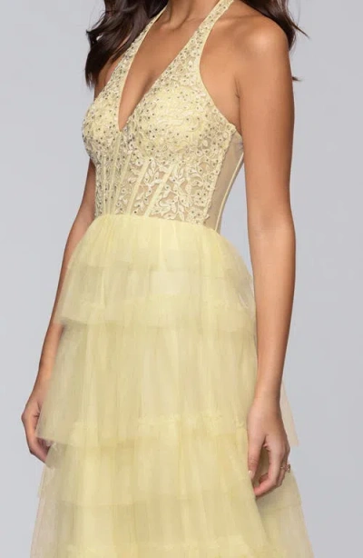 Blondie Nites Tiered Mesh Gown In Yellow