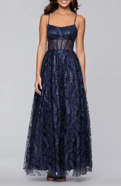 Blondie Nites Sequin & Mesh Gown In Blue