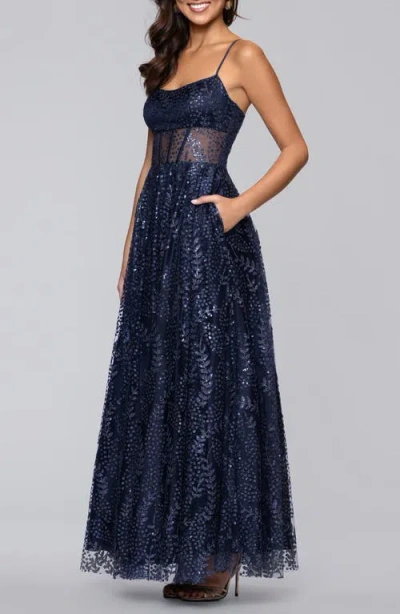 Blondie Nites Sequin & Mesh Gown In Blue
