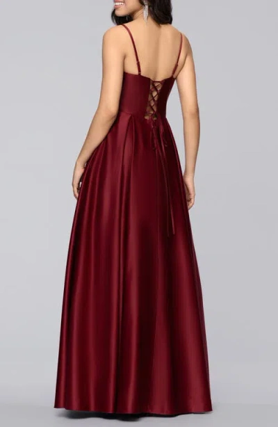 Blondie Nites Notch Neck Satin Ballgown In Burgundy