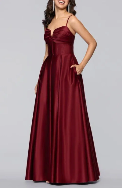Blondie Nites Notch Neck Satin Ballgown In Burgundy