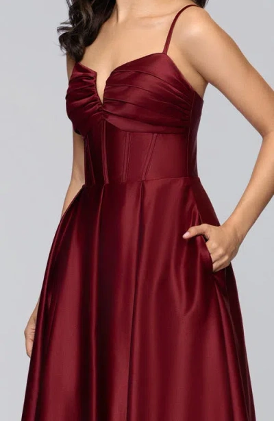 Blondie Nites Notch Neck Satin Ballgown In Burgundy