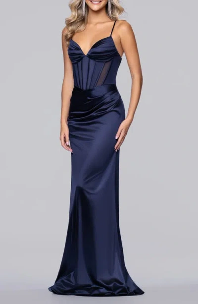Blondie Nites Satin Column Gown In Blue