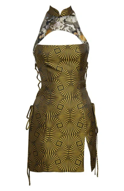 Kim Shui Lace-up Brocade Cutout Minidress In Gold
