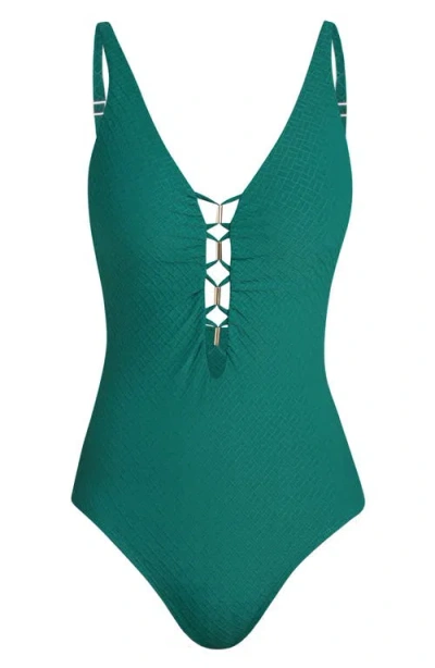 La Blanca Textured Tides Lace-up Plunge One-piece Swimsuit In Green