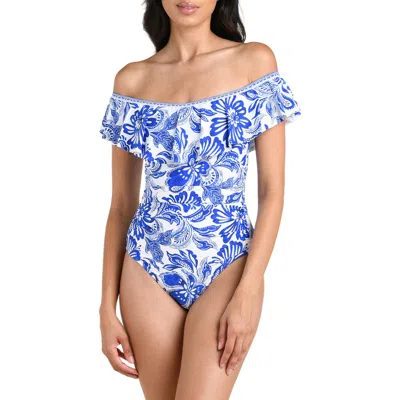 La Blanca Botanical Brocade Ruffle Off The Shoulder One-piece Swimsuit In White