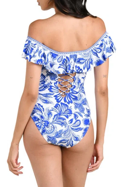 La Blanca Botanical Brocade Ruffle Off The Shoulder One-piece Swimsuit In White