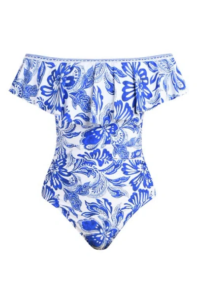 La Blanca Botanical Brocade Ruffle Off The Shoulder One-piece Swimsuit In White